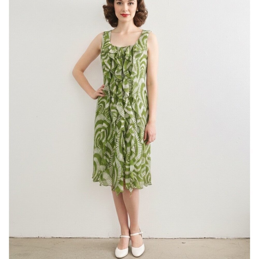Vintage Ruffle Dress Y2K Robbie Bee Green Chiffon Petite 10P Womens